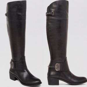 Vince Camuto Black Leather Tall Boots Studded, Size 8.5